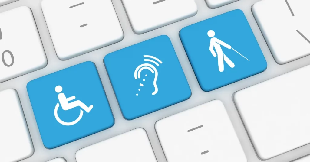 Drei blaue Tastaturtasten mit den Symbolen für Rollstuhlnutzung, Hörbeeinträchtigung und Sehbehinderung.