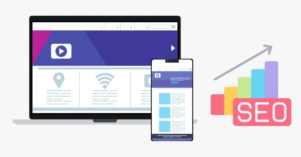 Search results page on a smartphone with a rising ranking curve and icons for loading speed, stability and interactivity.