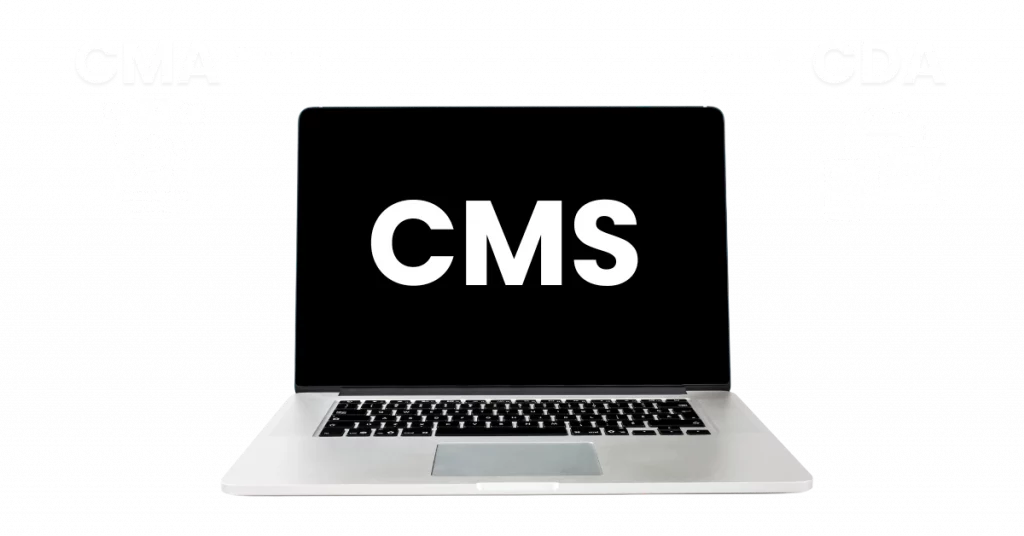 CMS architecture: on the left, the editorial dashboard for content management; on the right, the delivery to visitors via themes and templates.